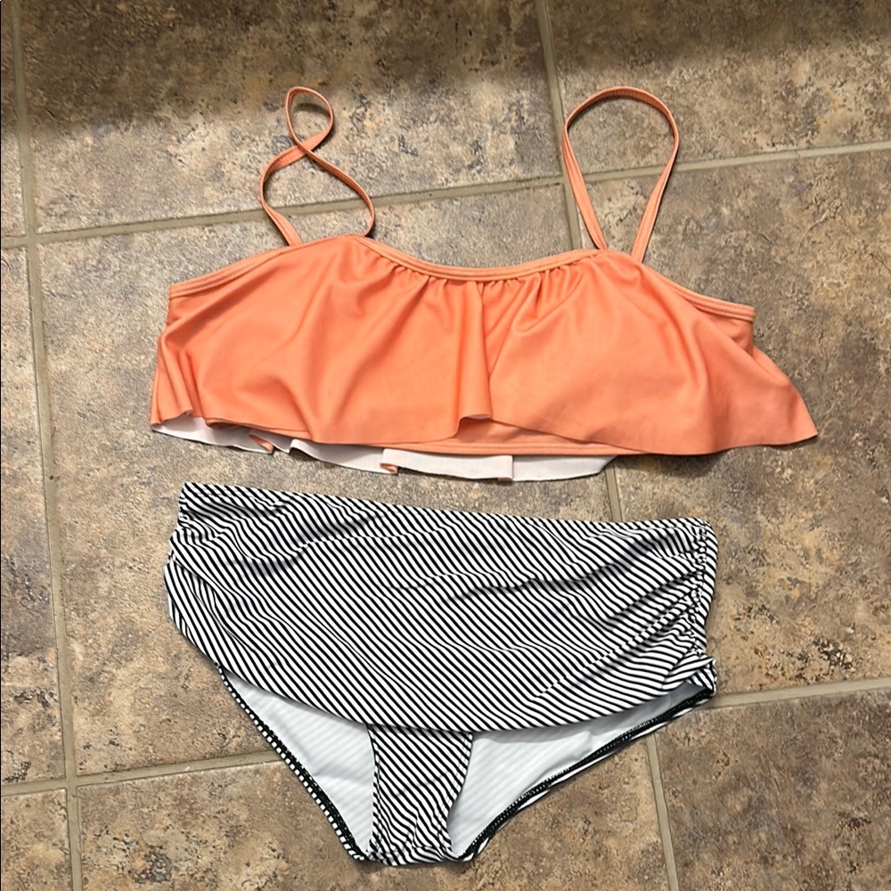 Orange Ruffle Bikini Top with Striped Bottoms